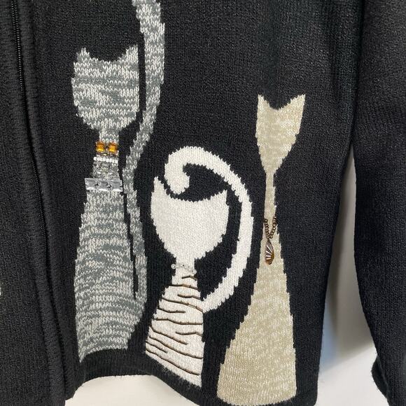 VTG Allison Daley Beaded Cat Sweater Size PL Black Full Zip Cardigan Fun Classic - Picture 5 of 16
